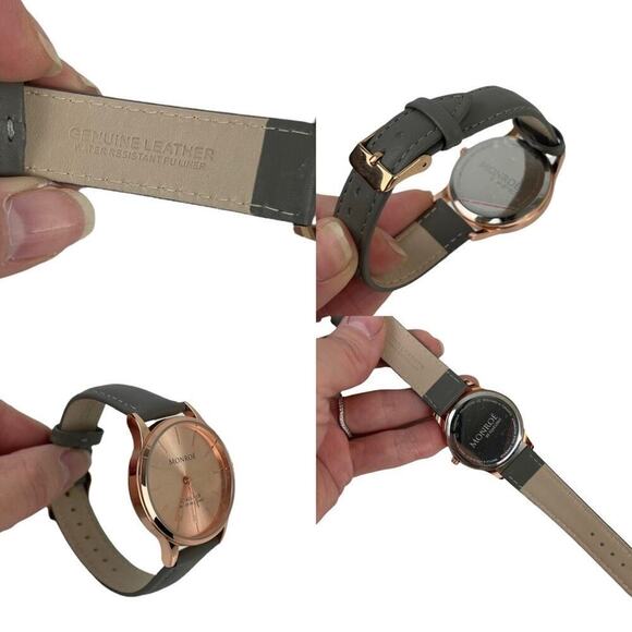 NWOT MONROE SOLÉROSE WATCH CHARCOAL LEATHER ROSE GOLD - Picture 11 of 16